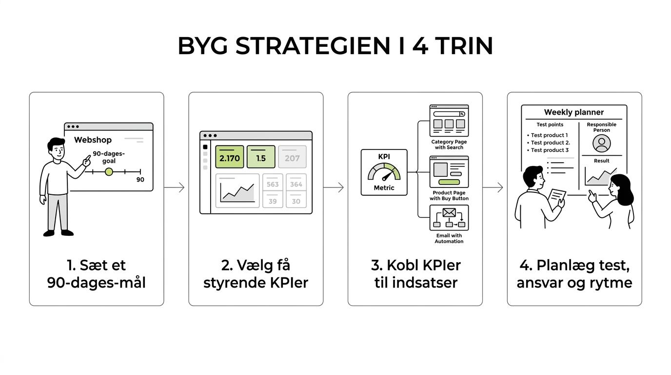 Flowdiagram med fire trin for webshop-strategi: 90-dages mål, få KPI’er, koblede indsatser og fast test- og justeringsrytme.