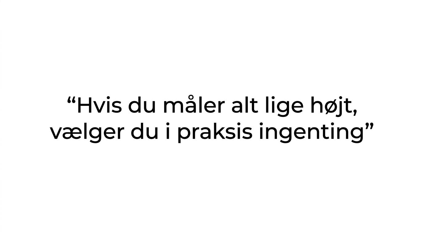 Citatkort med teksten: 'Hvis du måler alt lige højt, vælger du i praksis ingenting.'