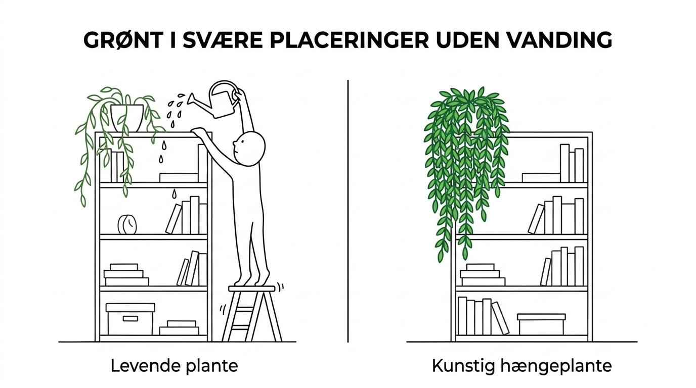 Sammenligning af en levende hængeplante med plejekrav og en kunstig hængeplante på en høj hylde i et badeværelse eller køkken.