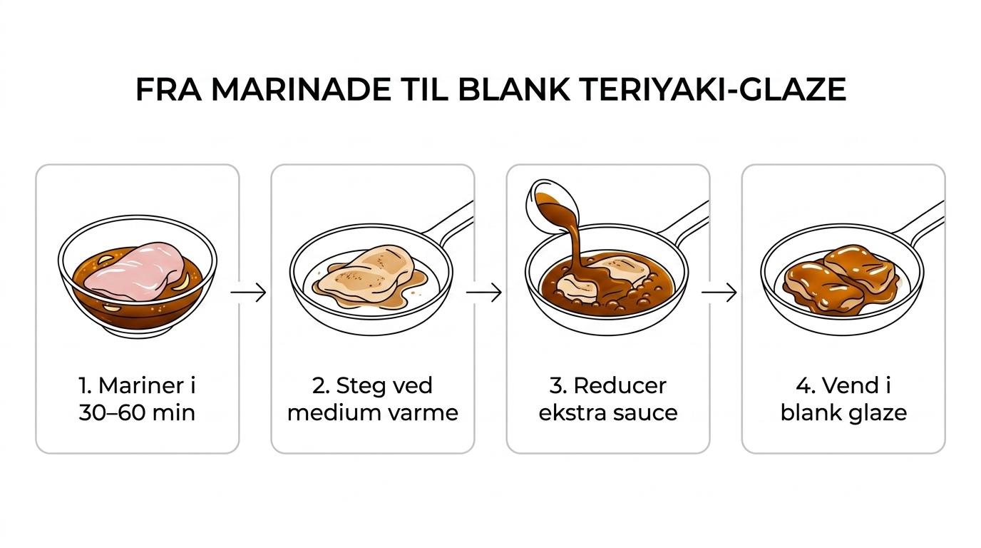 Trinvis visning af kylling i teriyaki-marinade, stegning på pande og afsluttende glasering med blank reduceret sauce, serveret med ris.