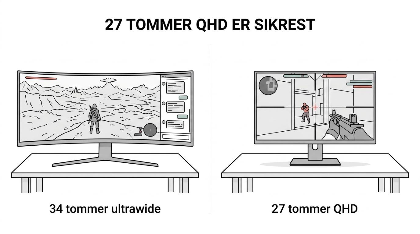 Sammenligning af en 27-tommer QHD gaming-skærm og en 34-tommer 3440 x 1440 ultrawide med fokus på skarphed, synsfelt og krav til grafikkortet.