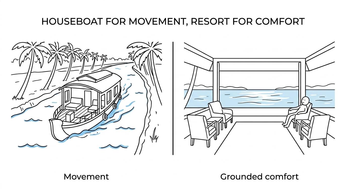Side-by-side comparison of a Kerala houseboat cruise and a backwater resort stay, highlighting scenery, space, amenities, and pace.