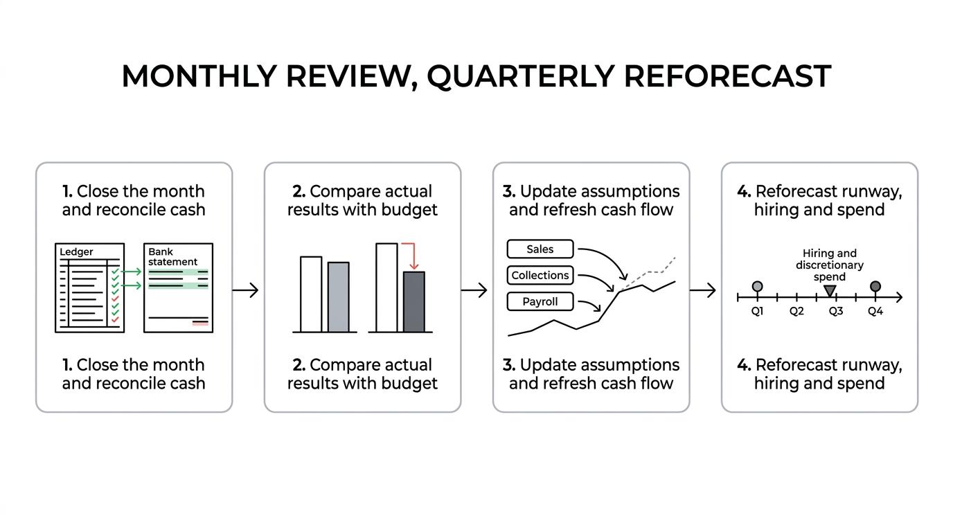 Flow diagram of a startup forecasting cycle: close the month, compare actuals to budget, update assumptions, refresh cash flow, reassess runway and hiring, and use the revised forecast for decisions.