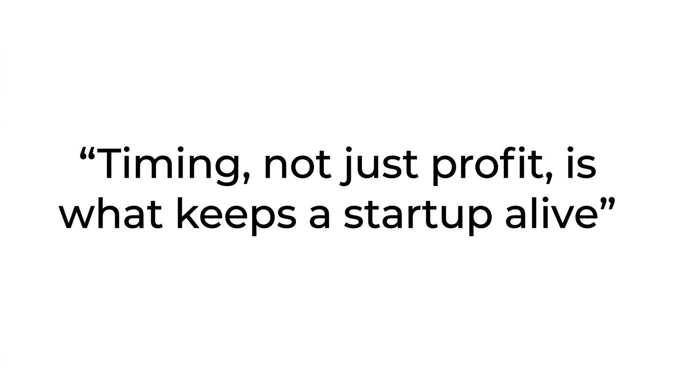 Highlighted quote reading: Timing, not just profit, is what keeps a startup alive.