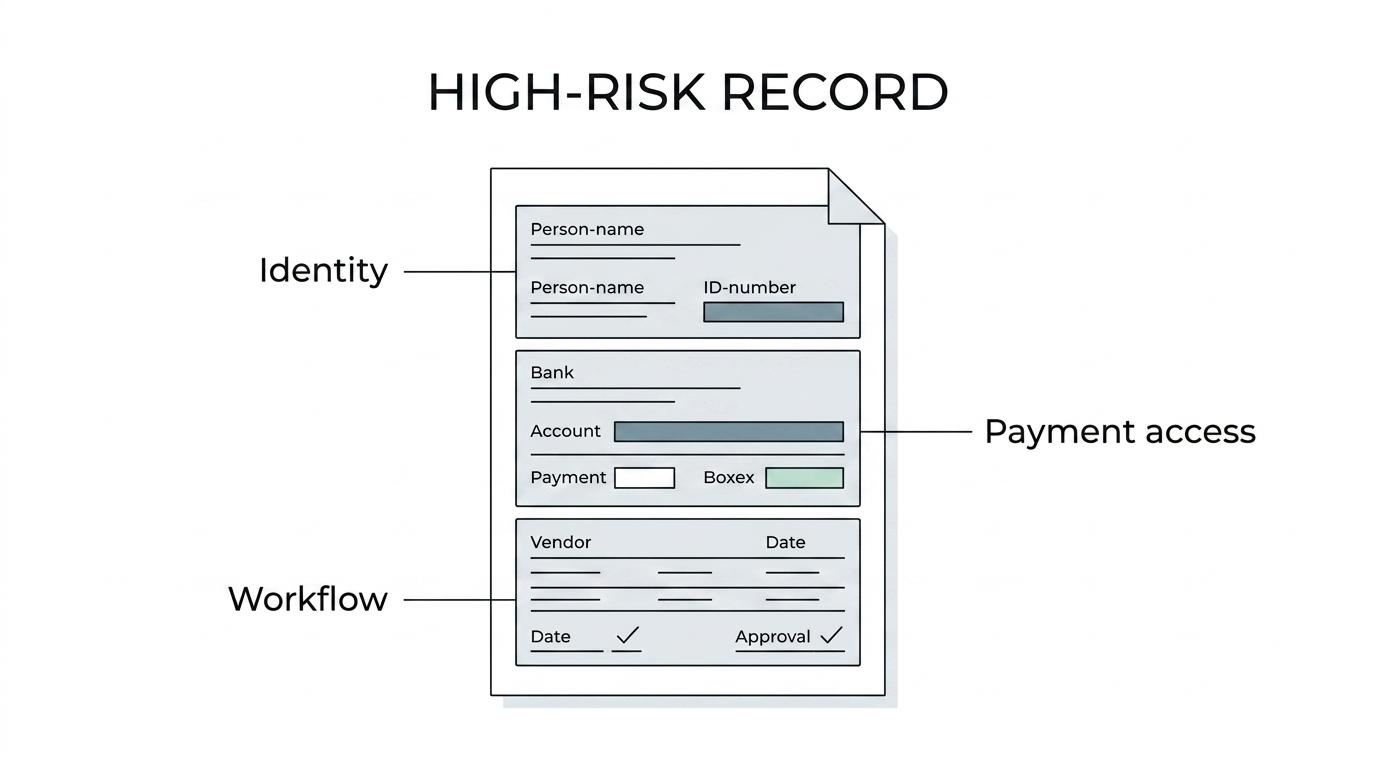 Diagram showing a sensitive accounting record surrounded by five factors: identity, financial access, financial condition, operational context, and reuse potential.