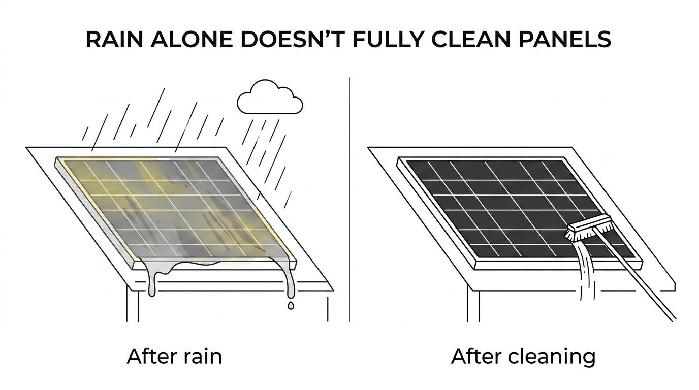 Elevation Power Washing Solar Panel Cleaning Columbia SC 1 Side-by-side solar panels in Columbia, one dulled by pollen film and dust after rain and the other visibly clear after professional cleaning.