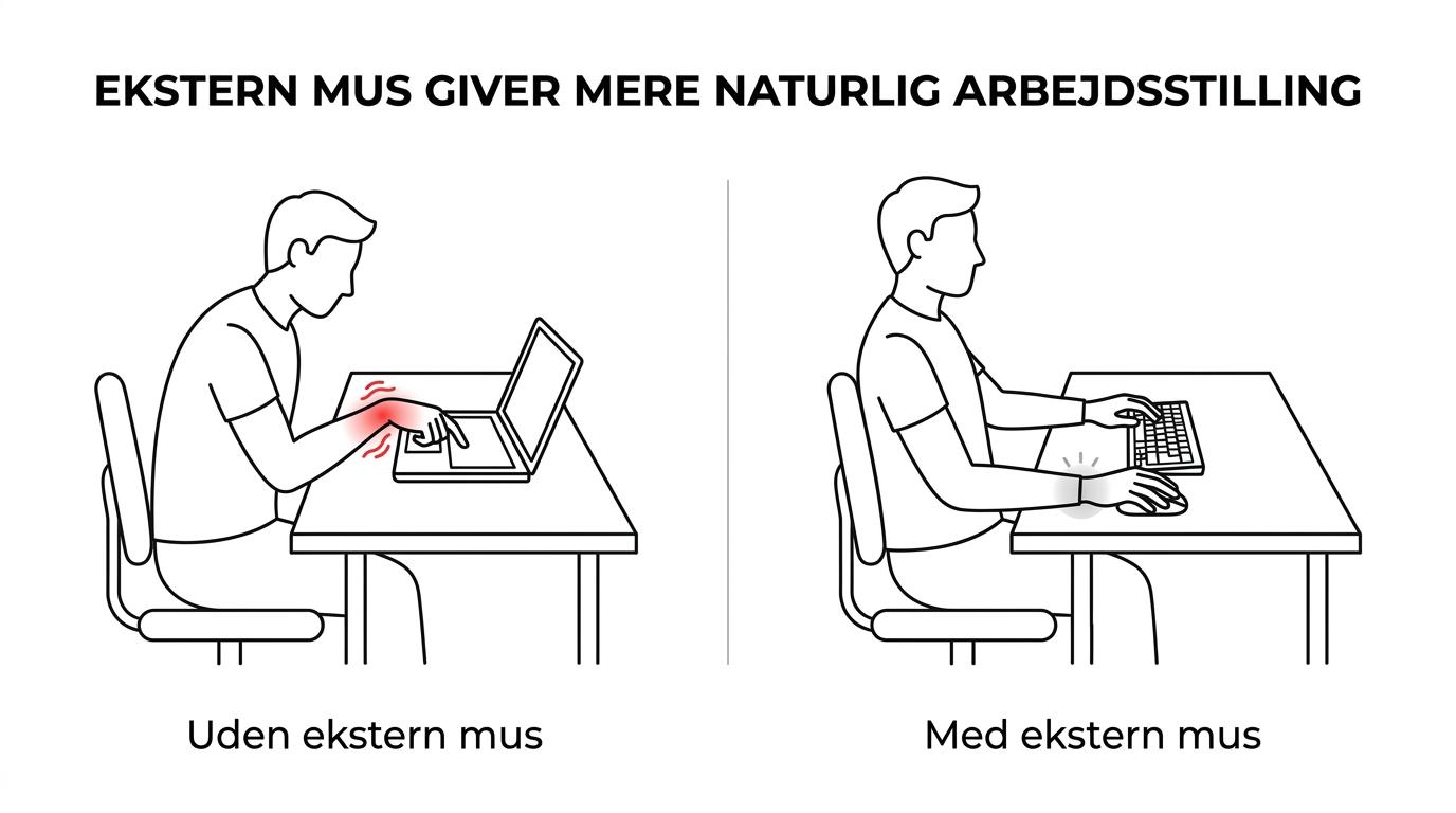 Side-om-side visning af laptop med touchpad-brug og skrivebord med ekstern mus tæt ved tastaturet.