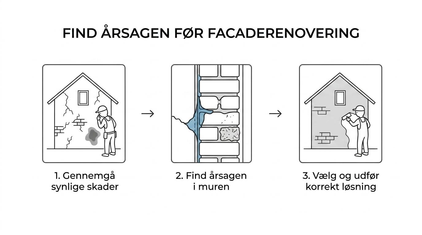 Procesgrafik, der viser facaderenovering i tre trin: besigtigelse af fugt, revner og fuger, valg af løsning og udførelse af puds- eller fugearbejde.