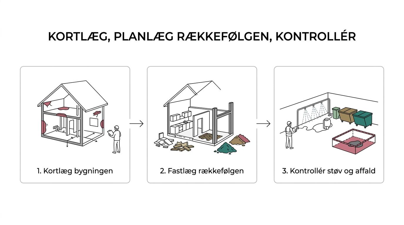 Tre trin i sikker nedrivning: kortlægning af bygningen, selektiv nedrivning i rigtig rækkefølge og kontrol af affald og støv.