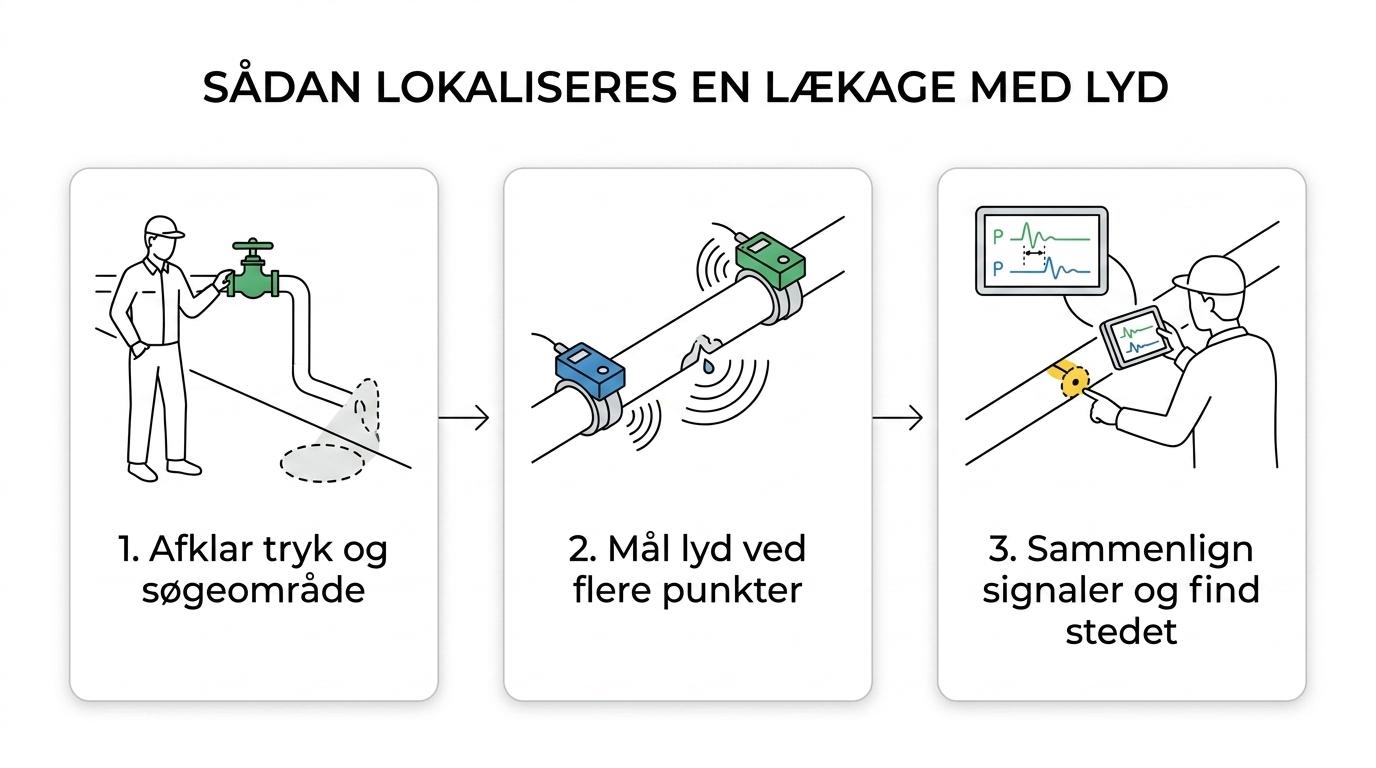 Procesvisualisering af akustisk lækagesporing fra kontrol af tryk og symptomer til sensormåling og lokalisering af lækagen.