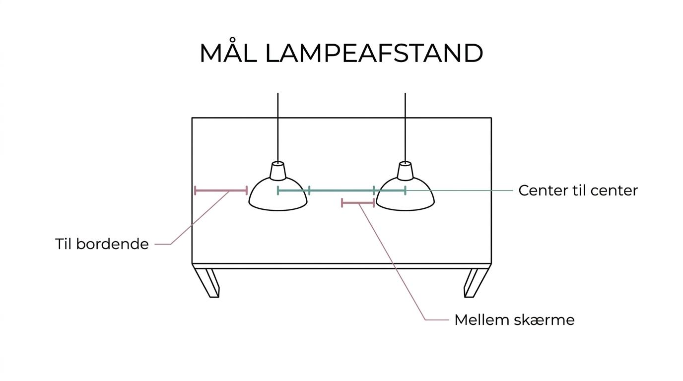 Diagram af et spisebord med to pendellamper og markerede mål for centerafstand, fri luft mellem skærme, afstand til bordender og højde over bordet.