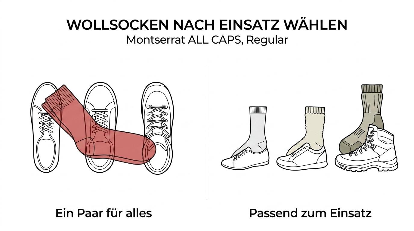 Vergleich von Lammwollsocken, dünnen Merino-Socken, Trekking- und Wandersocken sowie Alpakasocken nach Einsatzbereich und typischen Vorteilen.
