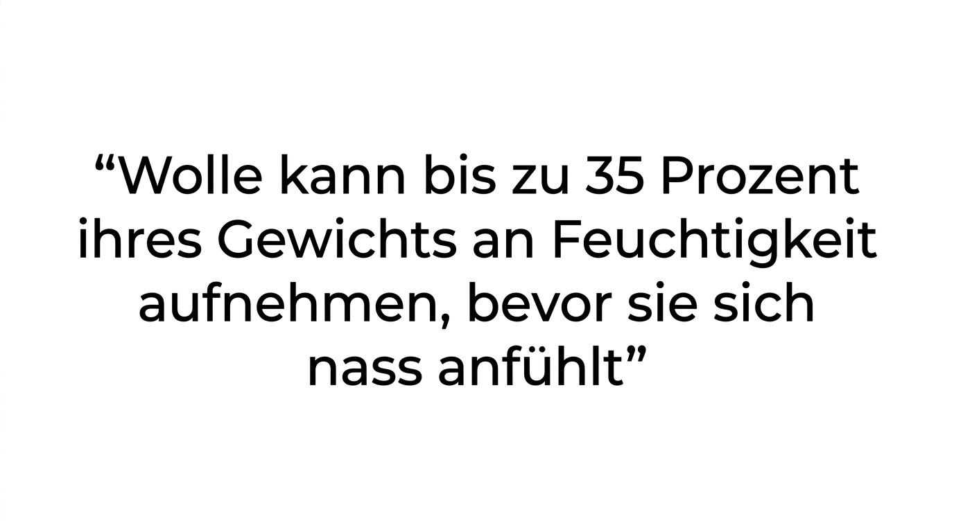 Hervorgehobenes Zitat zur Eigenschaft von Wolle, bis zu 35 Prozent ihres Gewichts an Feuchtigkeit aufzunehmen.
