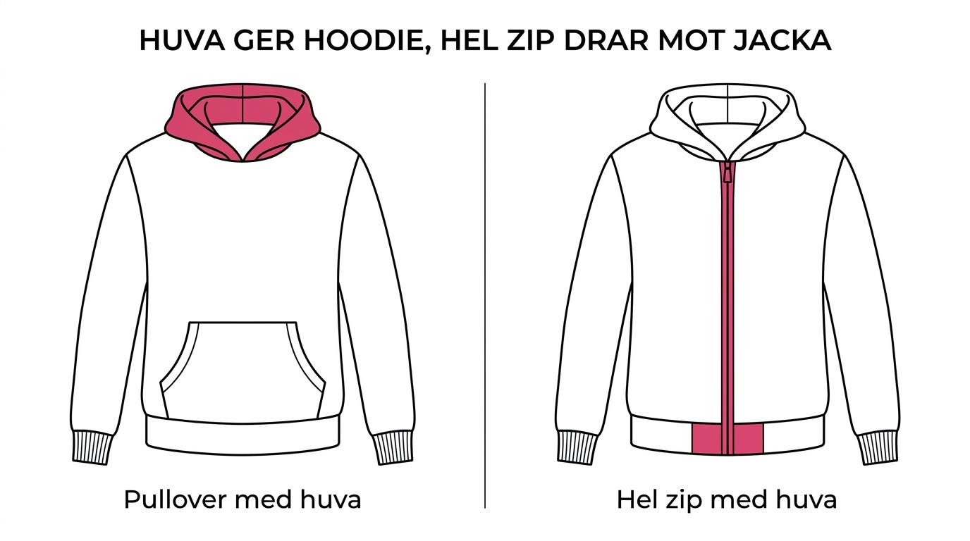 Jämförelse mellan en crewneck-sweatshirt, en pullover-hoodie och en helzip-modell med markeringar för huva, framöppning, muddar och nederkant.