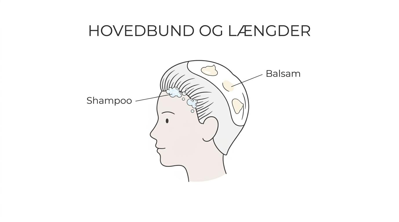 Illustration af kort hår med markeret hovedbund og længder, hvor shampoo hører til ved rødderne og balsam i længderne.