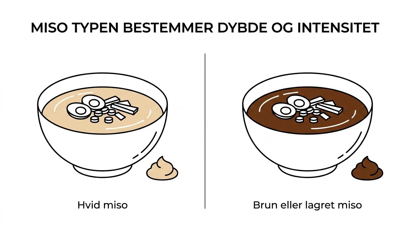 Sammenligning af hvid, rød og brun eller lagret miso med forskelle i farve, styrke og umami til ramen.