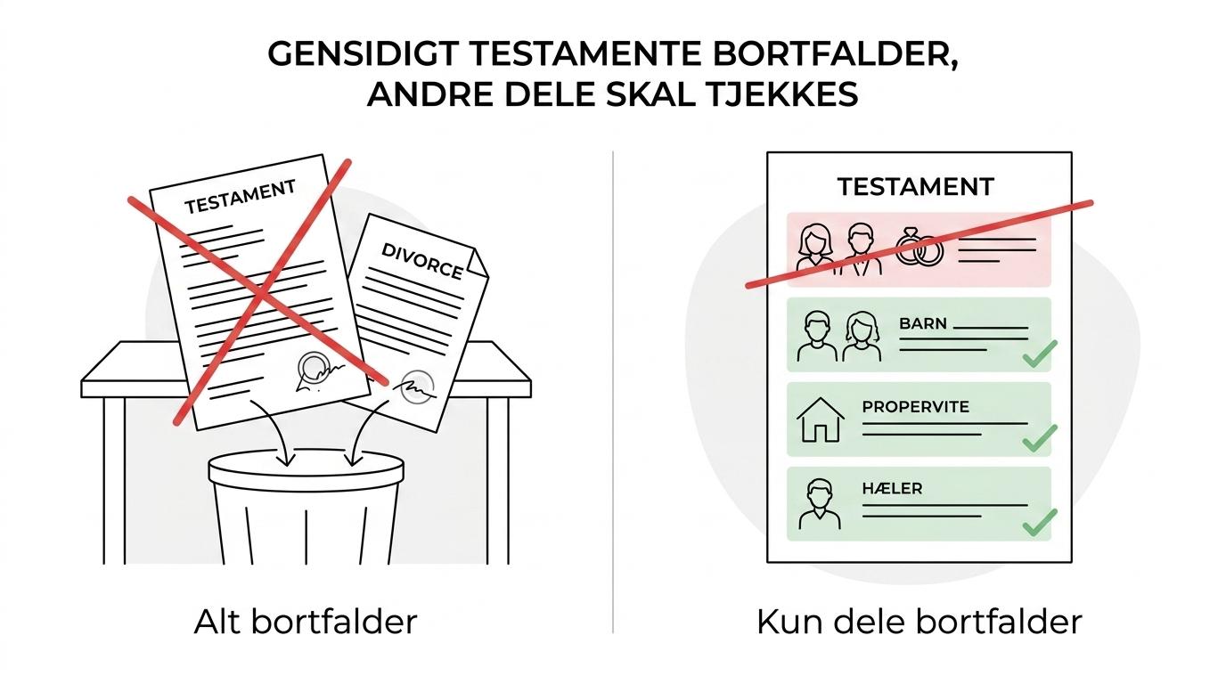 Side-by-side visual showing which parts of a will change automatically after divorce and which parts still need review.