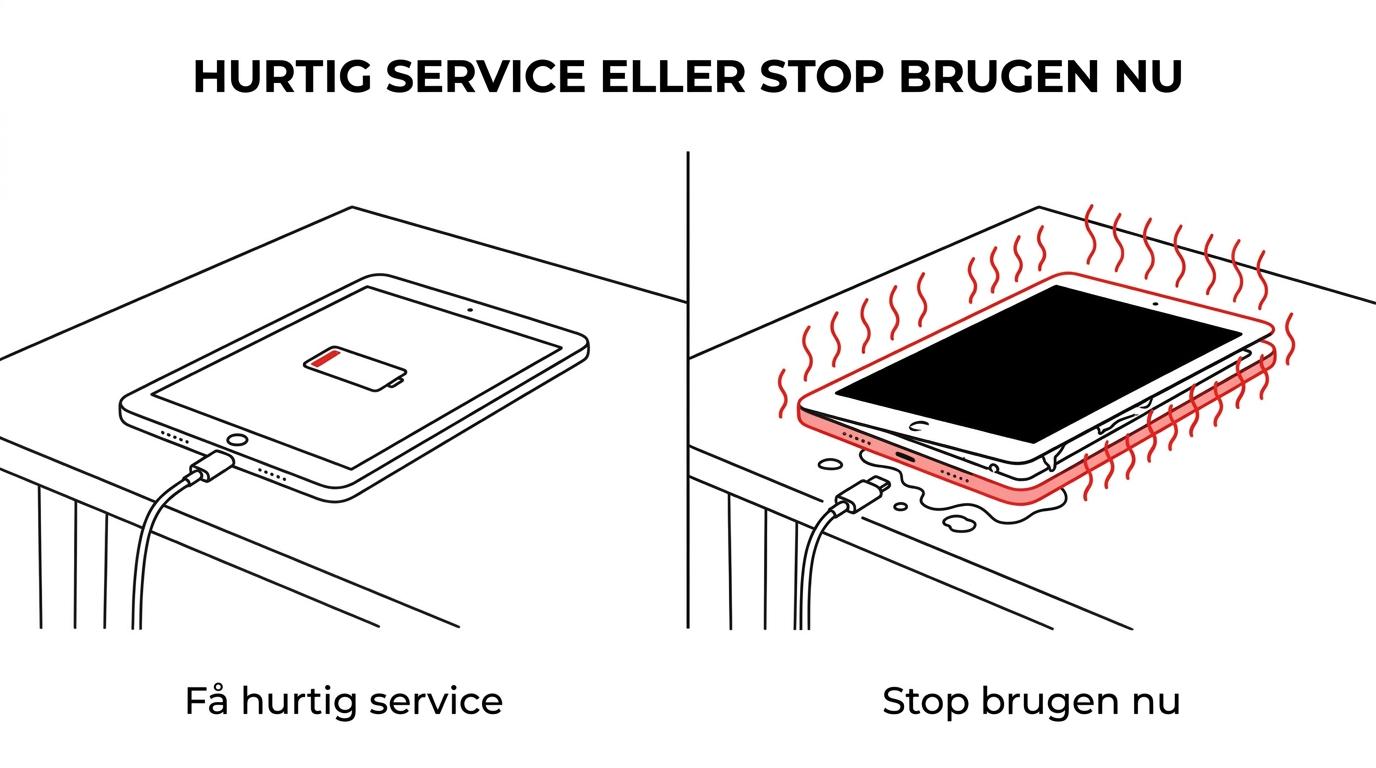 Side om side oversigt over tabletsymptomer, der kræver hurtig service, versus faresignaler, hvor brugen skal stoppes med det samme.