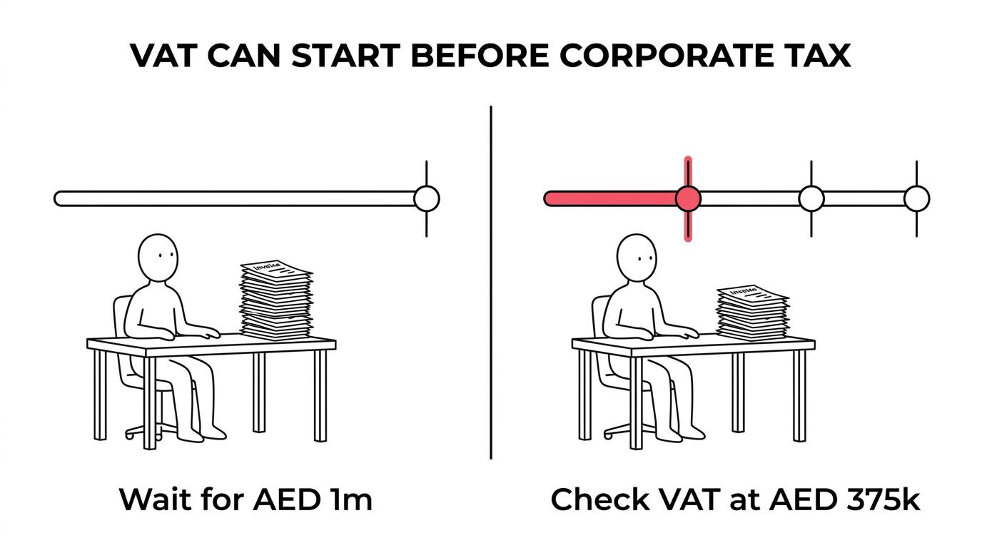 Side-by-side comparison of UAE freelancer tax thresholds for VAT voluntary registration, VAT mandatory registration, and Corporate Tax.