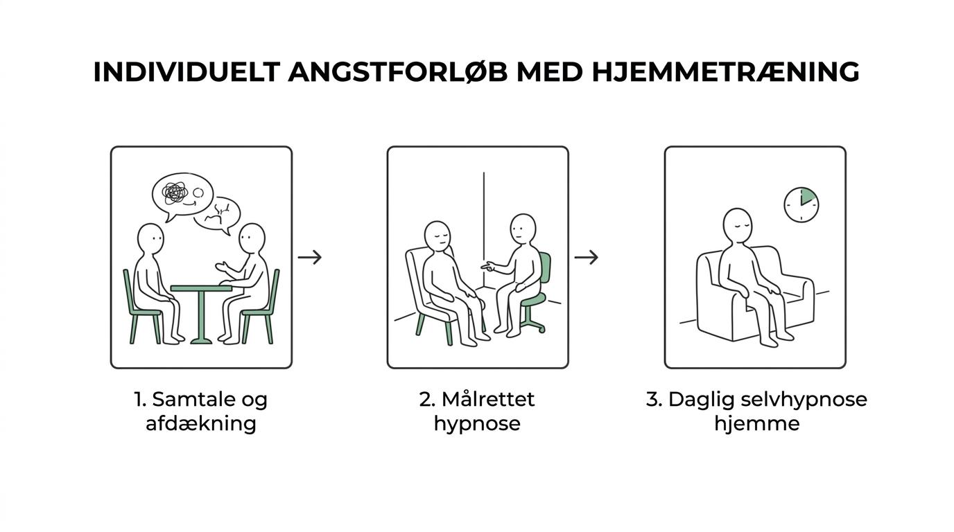Illustration af et hypnoseforløb i fire trin: afdækning, målrettet hypnose, daglig selvhypnose hjemme og mere ro i hverdagen.