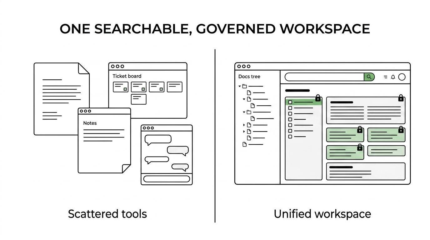 Side-by-side comparison of scattered docs, tickets, notes, and private tools versus a unified TOW workspace with docs, search, permissions, and project context.