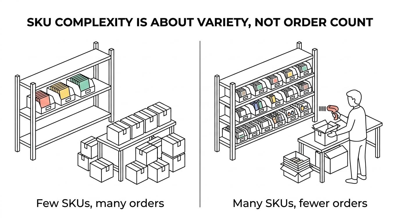 Side-by-side comparison of a high-volume warehouse and a high-SKU warehouse, showing different operational pressure points.