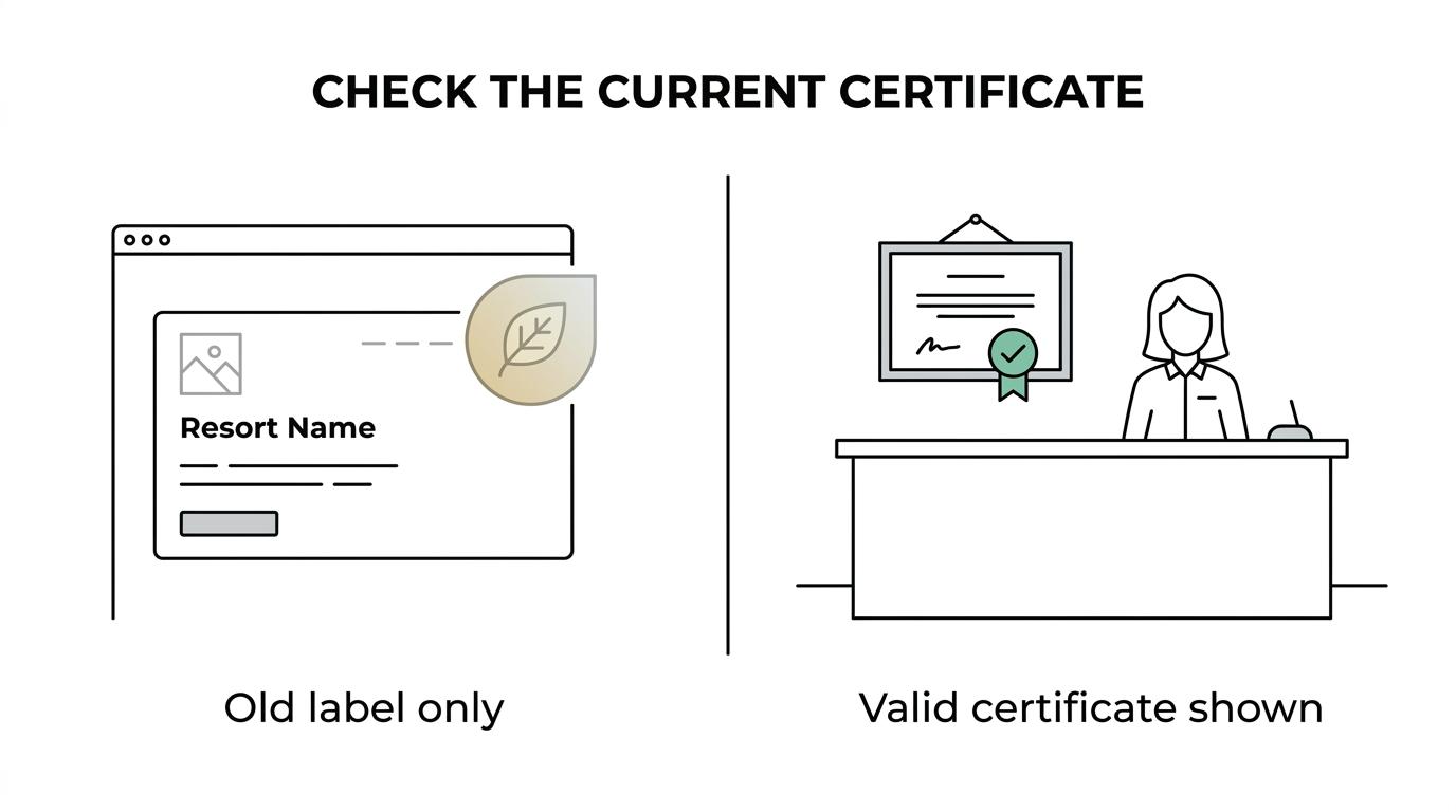Side-by-side comparison of legacy Green Leaf and Olive Leaf labels versus current Ayur Silver, Ayur Gold, and Ayur Diamond classifications, with certificate validity and booking checks.