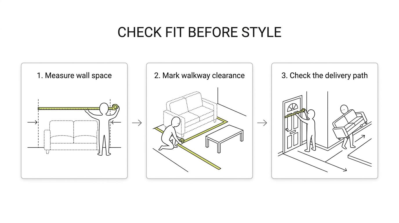 Three-step visual showing loveseat fit checks for wall width, walking clearance, and delivery path.