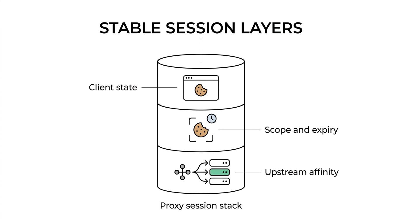Diagram showing a browser session cookie, proxy identity, load-balancer affinity cookie, and upstream server working together in one proxy workflow.