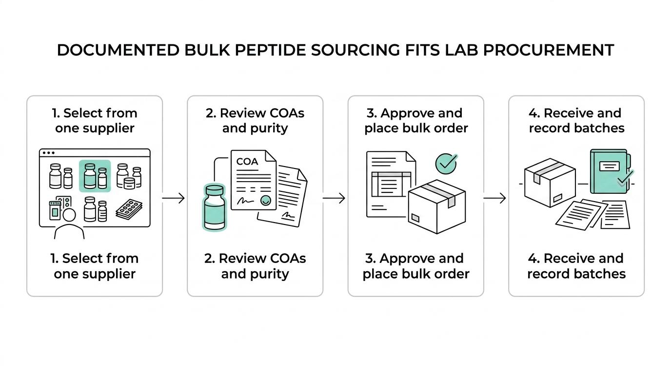 Flowchart showing lab peptide procurement from catalog review and COA download to approval, bulk ordering, shipping, receiving checks, and recordkeeping.