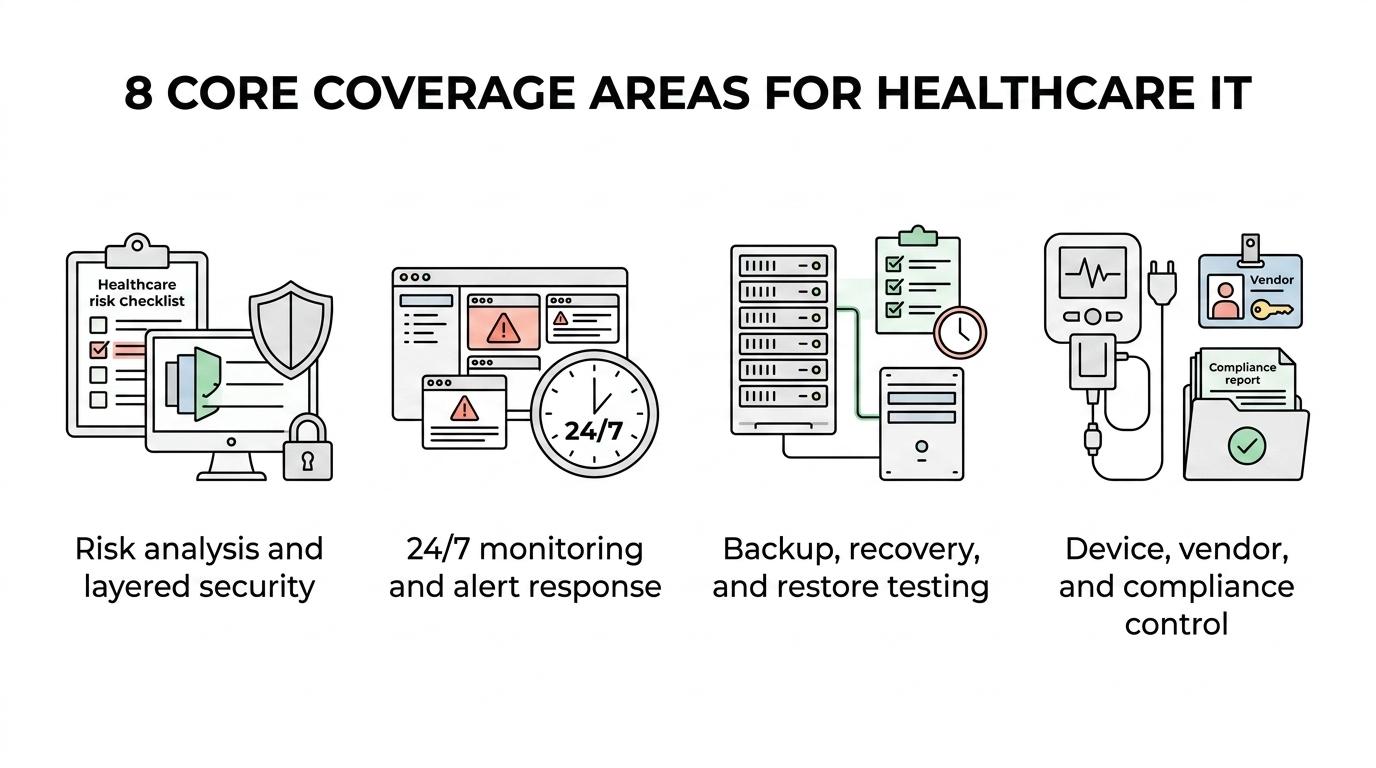 Diagram showing eight core elements of a healthcare IT support service plan around a central hub.