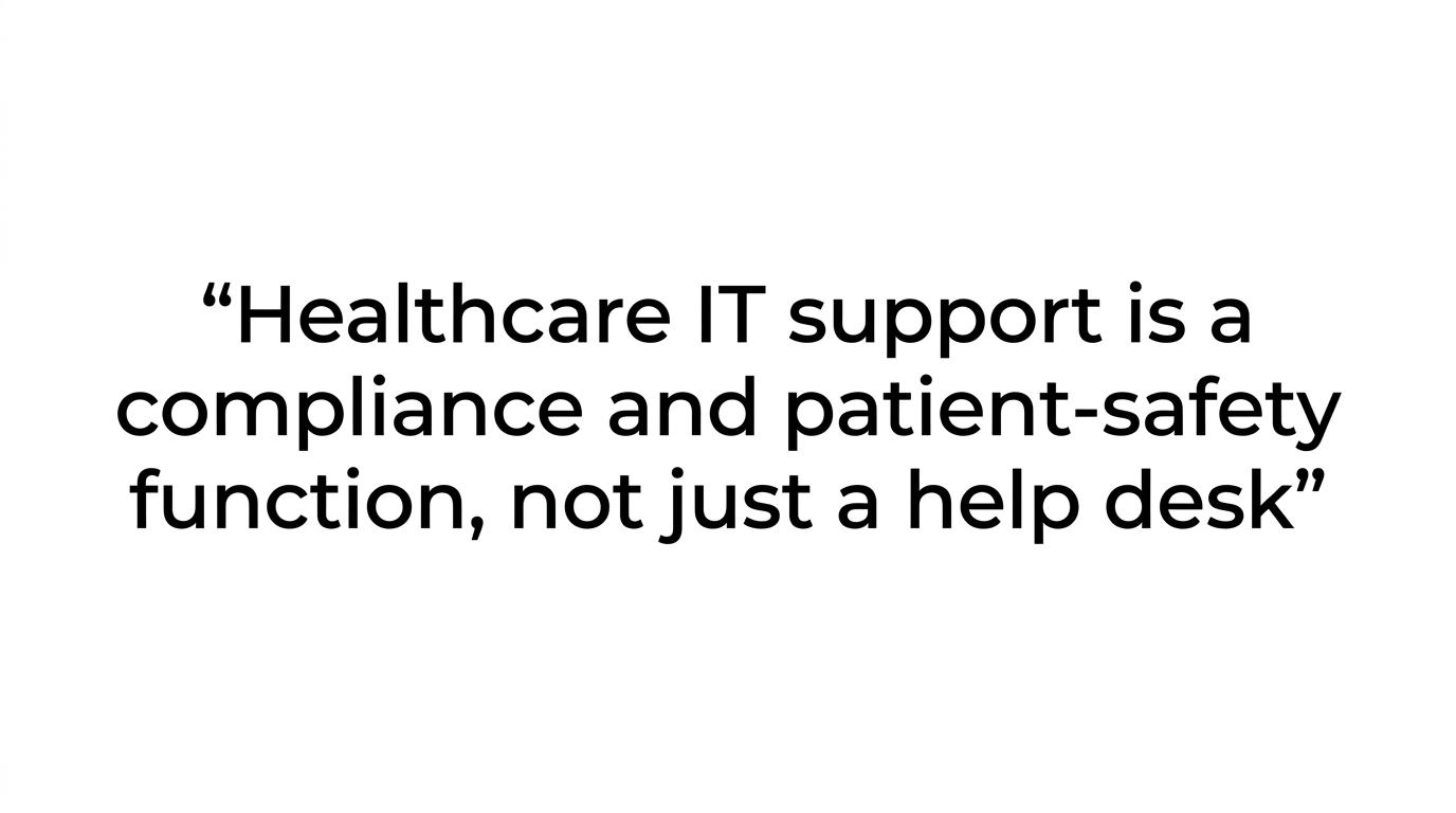 Highlighted quote stating that healthcare IT support is a compliance and patient-safety function, not just a help desk.