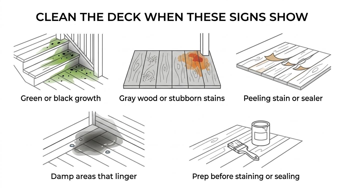 Deck Cleaning Service: 6 Signs You Should Book Now 1 Six labeled deck warning signs: green growth, gray dirty boards, peeling stain, lingering damp spots, specialty stains, and prep before sealing.