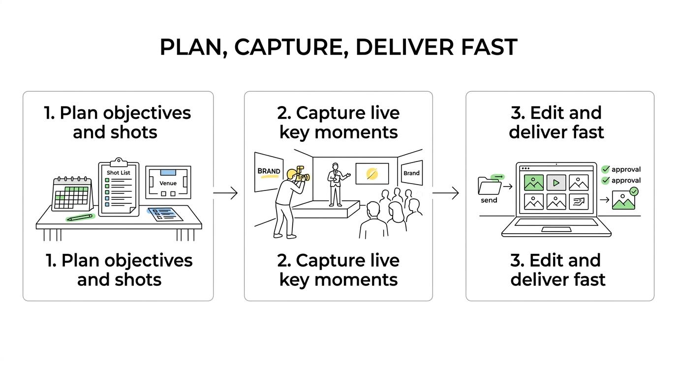 Three-step event photography workflow showing pre-production planning, event-day coverage, and post-production delivery.