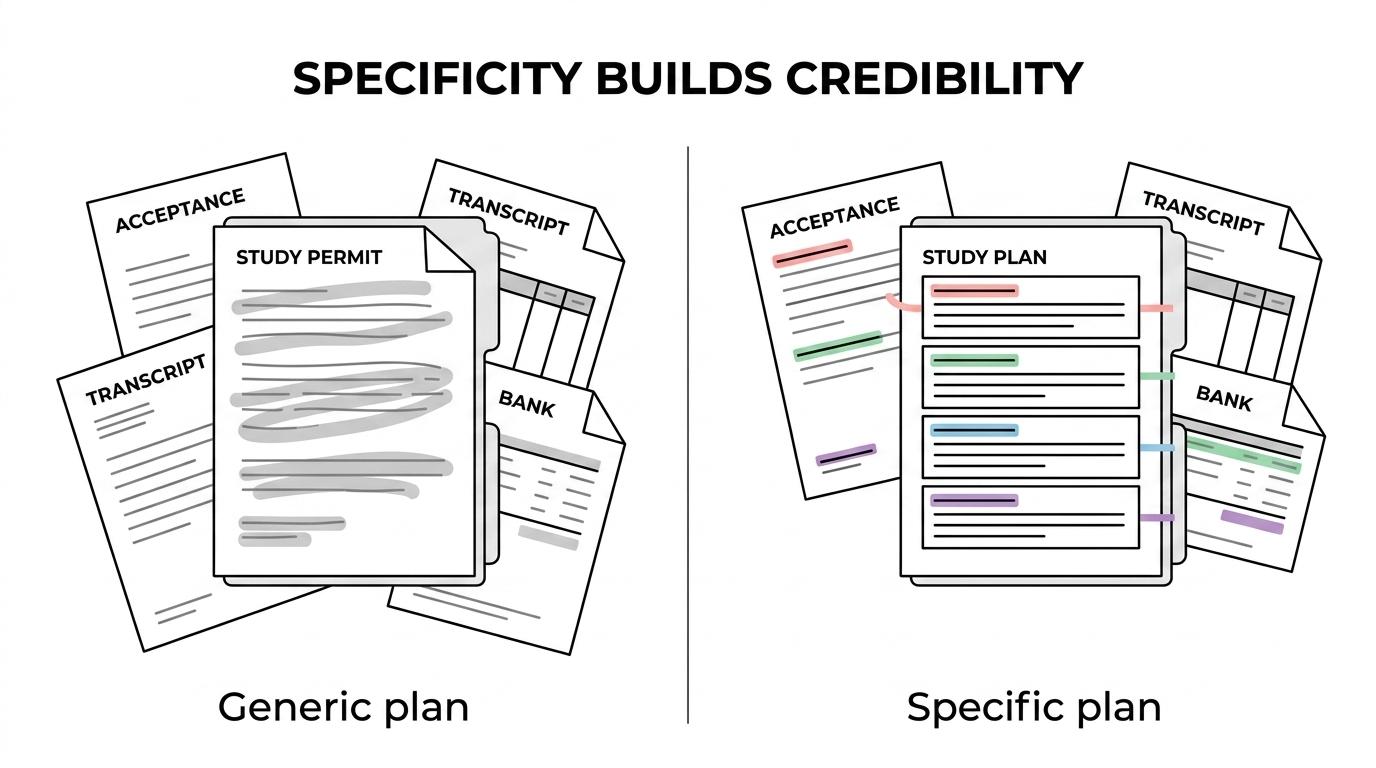 Side-by-side comparison of weak and strong study plan answers for a Canada study permit application.