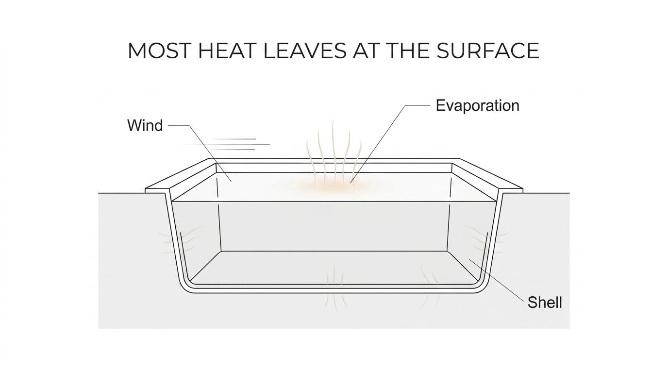 Labeled pool diagram showing most heat escaping from the water surface, with smaller heat transfer through the fibreglass shell and surrounding ground.