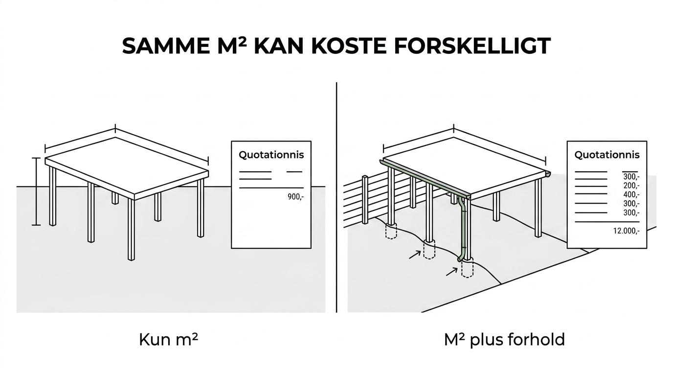 Sammenligning af to lige store carporte, hvor den ene står på fladt terræn langt fra skel og den anden tæt på skel med faldende terræn og ekstra afvanding.