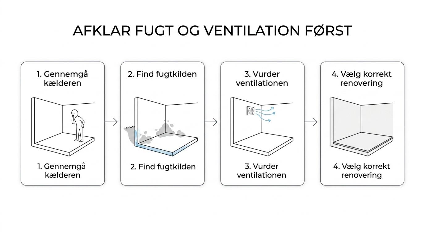 Diagram over kælderrenovering fra fugtundersøgelse og ventilationsvurdering til korrekt opbygning og færdige overflader.