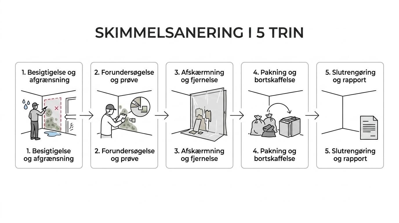 Procesgrafik med trin fra besigtigelse og afgrænsning til prøveudtagning, fjernelse, affaldshåndtering og slutrapport.