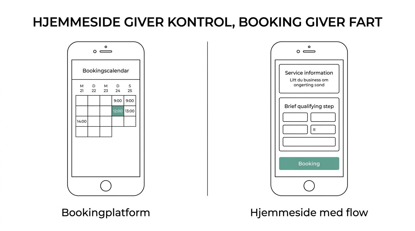 Side om side-sammenligning af egen hjemmeside og bookingplatform med forskelle i kontrol, friktion, leadkvalitet og bedste anvendelse.