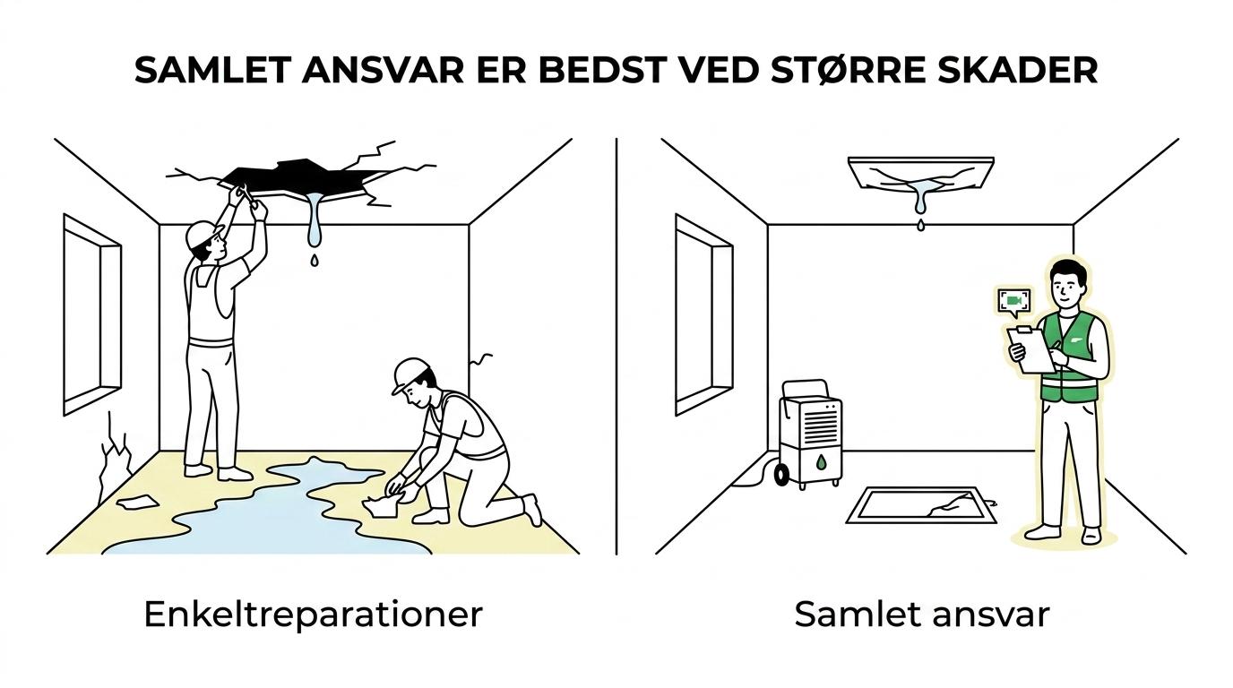 Sammenligning mellem et skadeservicefirma og almindelige håndværkere på akut indsats, dokumentation, forsikring og genopbygning.