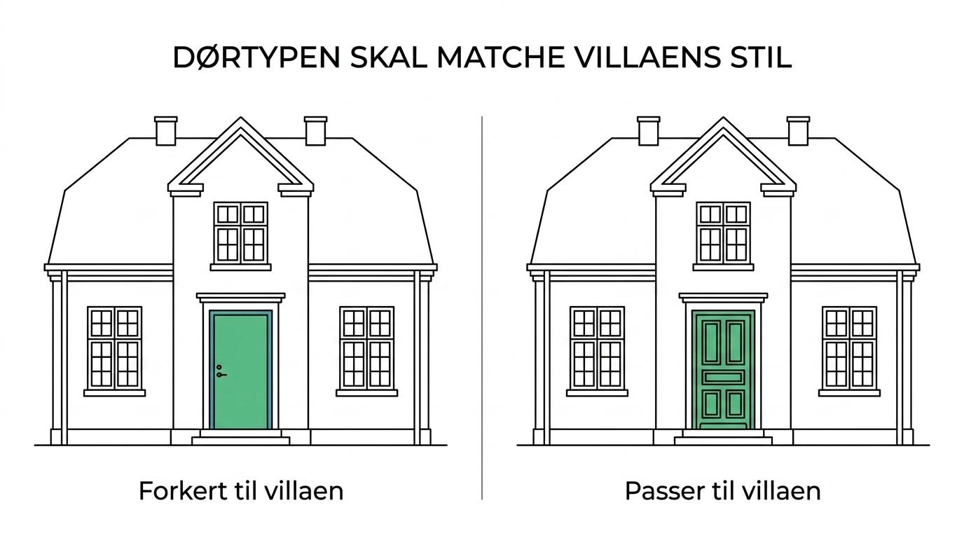 Side-by-side comparison of a paneled wooden front door on a classic villa and a smooth wooden door on a modern facade.