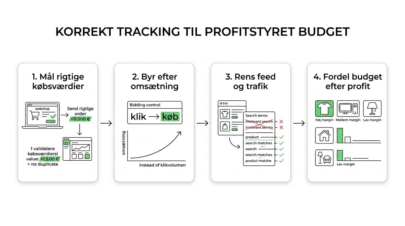 Seks-trins proces for Google Ads-optimering i webshops fra conversion tracking og Smart Bidding til feed, søgetermer, mobilside og profitstyret budget.