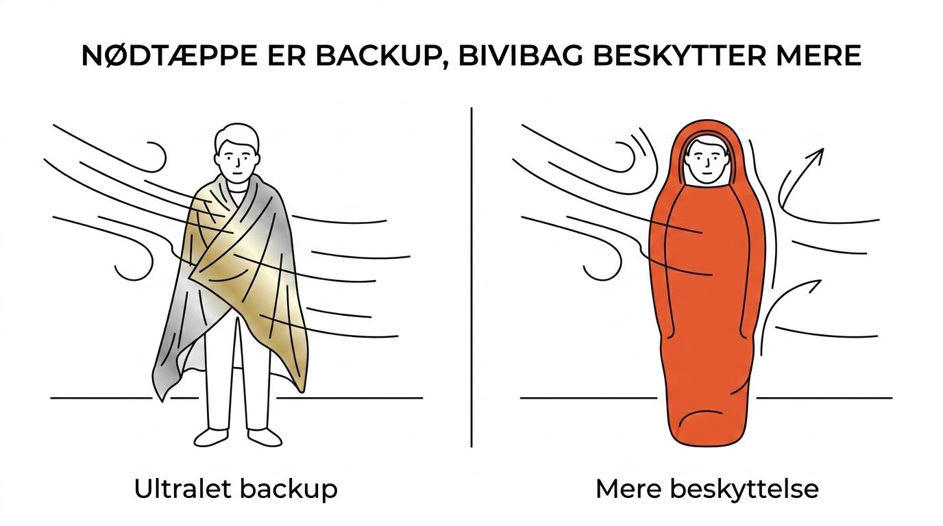 Sammenligning af et foldet nødtæppe og en poseformet nødbivuak med forskelle i vægt, læ og brugssituation.