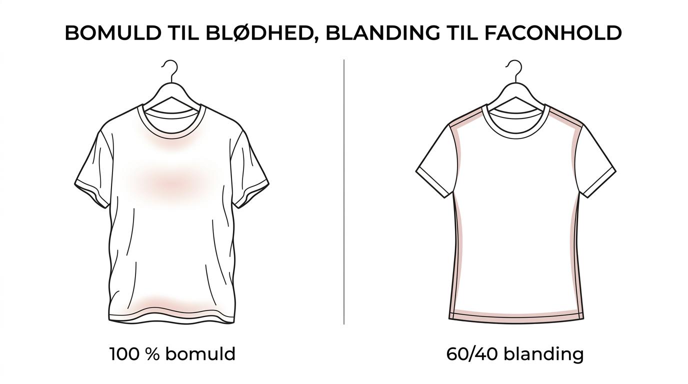 Sammenligning af tre basic dame T-shirt materialer: 100 % økologisk bomuld, 100 % kæmmet og enzymvasket bomuld samt 60/40 bomuld-polyester, med korte noter om blødhed, naturlig følelse og faconhold.