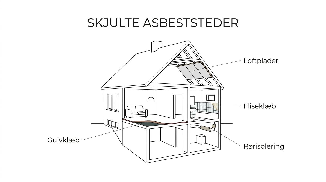 Tværsnit af et ældre hus med markerede asbest-risikosteder som tag, facade, gulve, fliseklæb, rørisolering, loftplader, vægplader, kælder og loftsrum.