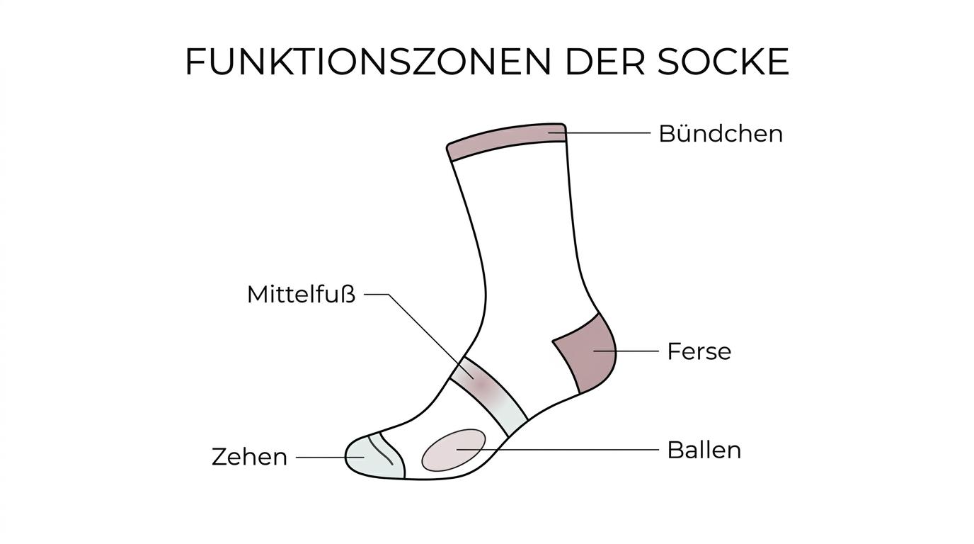Beschriftete Funktionssocke mit markierten Zonen an Bündchen, Mittelfuß, Ferse, Ballen und Zehen.