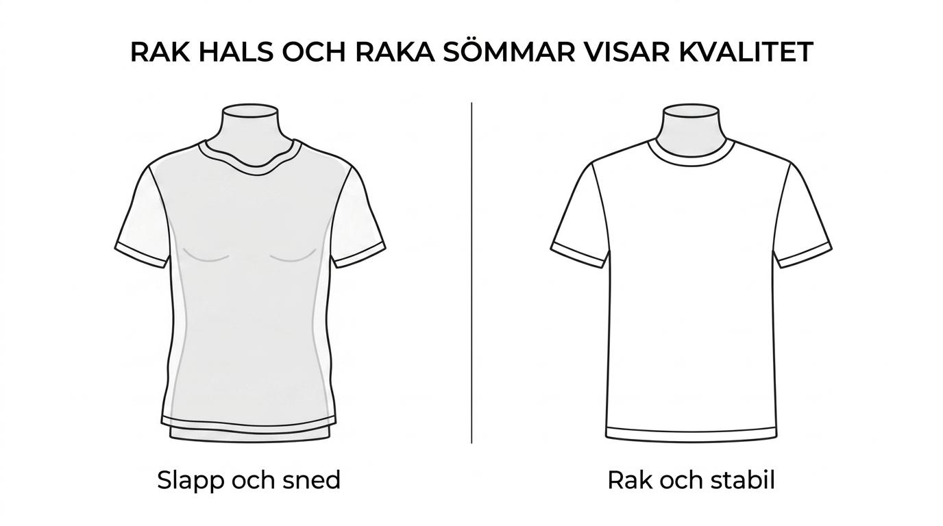 Två vita t-shirts sida vid sida: en med rak axel, tätare tyg och stadig hals, och en med tunnare tyg, slapp hals och sneda sömmar.