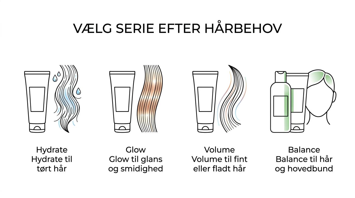 Oversigt over fire silikonefri Damm Cosmetics conditioners og deres hårbehov: Hydrate, Glow, Volume og Balance.
