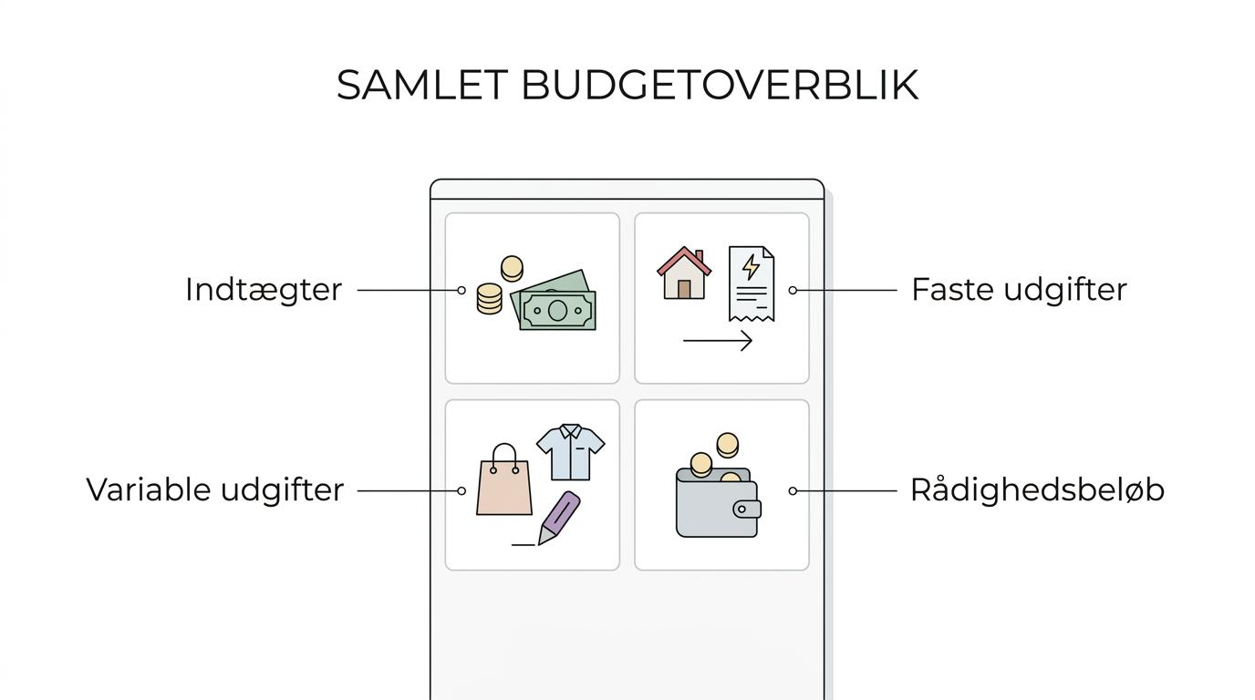 Diagram af et familiebudget opdelt i indtægter, faste udgifter, variable udgifter, årlige poster og rådighedsbeløb.